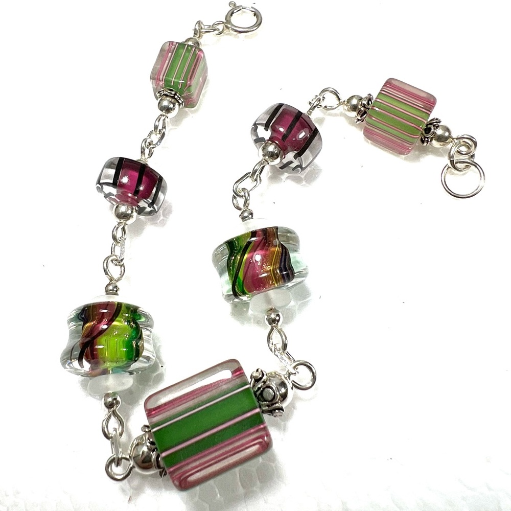 LAMPWORK MORANO CUBE BRACELET STERLING SILVER RAINBOW